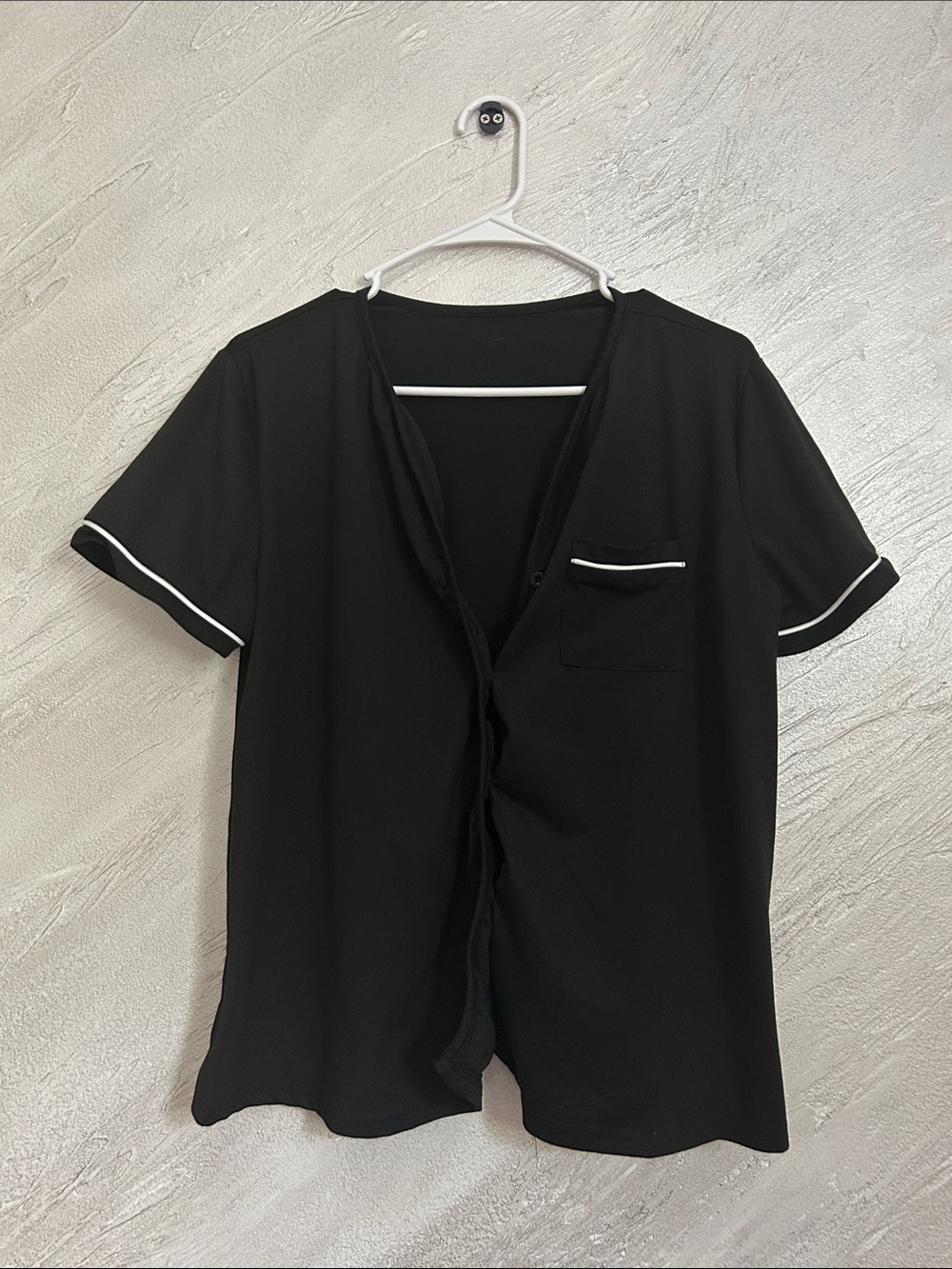 Black Maternity Short Sleeve Button-Up with White Trim and Matching Pants Set